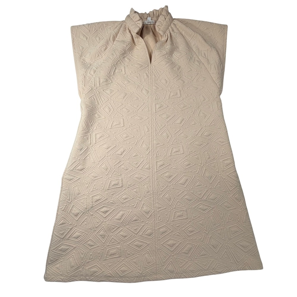 THML Shift Dress Womens XS Beige Geometric Quilted‎ Mock Neck Ruffle Minimalist